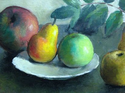 EHLINGER Maurice, 1896-1981 Pommes et poires, huile sur carton toilé (petits accidents...