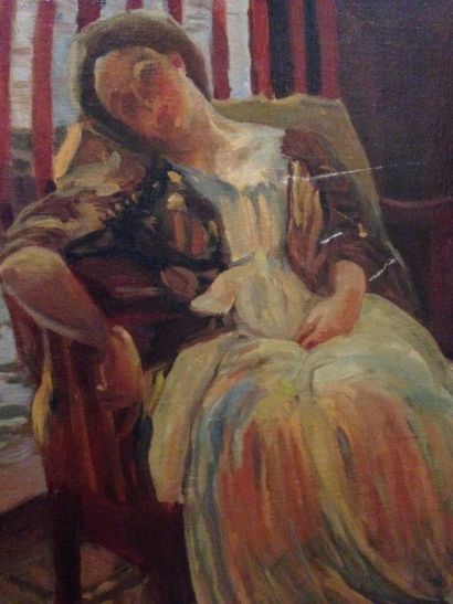 JOB A. Femme assoupie Huile sur toile, signée en bas à droite (griffures) 100 x 81...