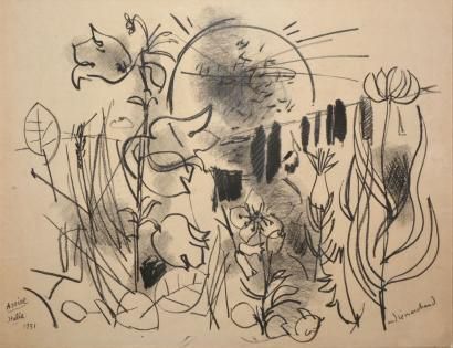 MARCHAND André, 1907-1997 Fleurs, Assise, 1951, crayon noir et estompe (insolation...