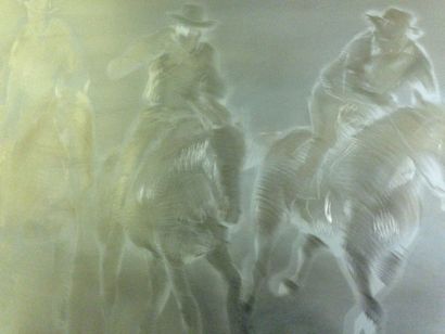 MICHEYL Mick, née en 1922 Trois cavaliers, gravure sur aluminium, signée en bas à...