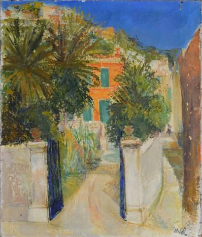NEBEL Gustave, 1907-1987 Villa méditerranéenne Huile sur toile (manques), signée...