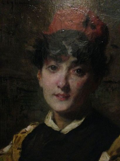 PAGLIANO Eleuterio, 1826-1903 Modèle au bonnet rouge, huile sur toile, signée en...