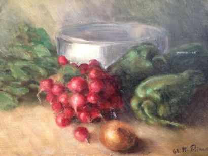 PRUSAK Waclaw, 1891-1978 Nature morte aux légumes (radis, poivrons). Huile sur toile,...