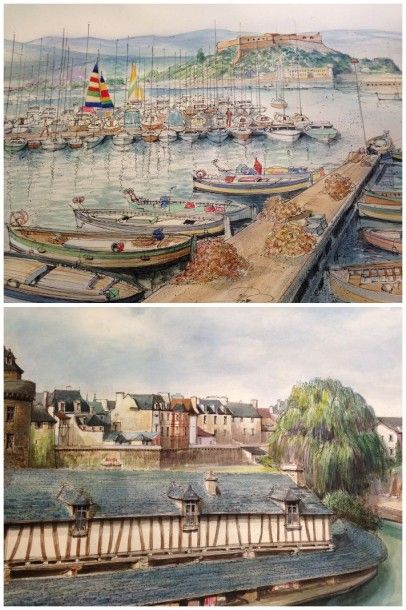 RAFFLEWSKI ROLF, né en 1943 Antibes, Le village 2 Encres et aquarelles, signée, datée...