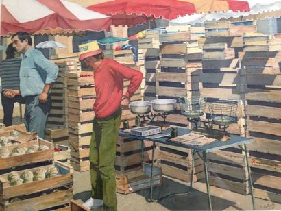 RATYNSKI Olgerd Le marché Aquarelle, signée et daté (85) en bas à droite. 48 x 66...