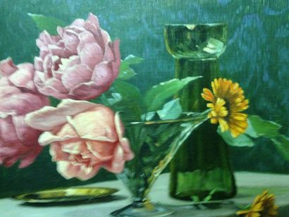 RENÉ-HIS Charles Edmond, 1877-1960 Coin de table au bouquet de roses, huile sur toile...