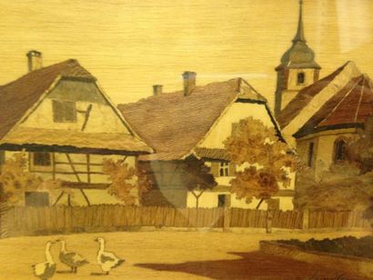 SPINDLER Charles, 1865-1938 Les oies du village, tableau en marqueterie de placage...