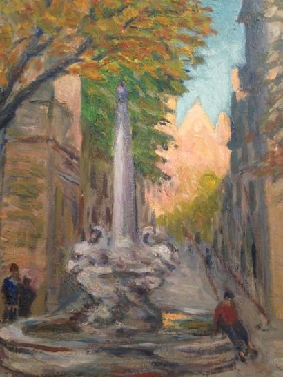 SUE Louis, 1875-1968 Fontaine à Aix Huile sur toile et gouache, non signée, titrée...