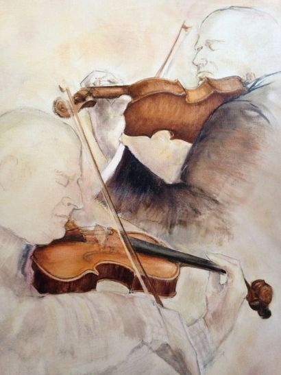 TESSIER Michel, XXème Les violonistes Huile sur toile signée en bas à droite 81x65...