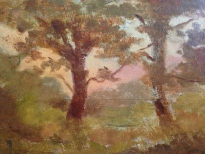 THIVIER Emile, 1858-1922 Paysage aux arbres Huile sur papier marouflé sur panneau,...