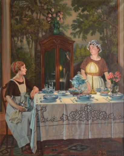 VAGNIER Prosper Louis, XIXe-XXe siècle La préparation du dîner, huile sur toile (accidents),...