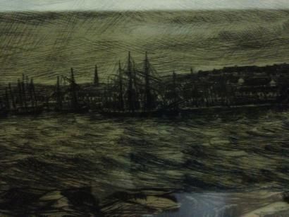FRELAUT Jean, 1879-1954, 

Voiliers approchant d'un port par grosse mer, 

eau-forte...