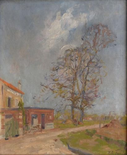 PAVIL Élie Anatole, 1873-1948, 

Grands arbres devant un café, 

huile sur toile...