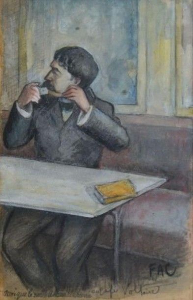 CAZALS Frédéric Auguste, 1865-1941 

Au café Voltaire, probablement Jean Moreas

Aquarelle...