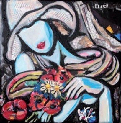 PATMOLI (née en 1962) Femme aux fleurs Technique mixte, signée, 30 x 30 cm.