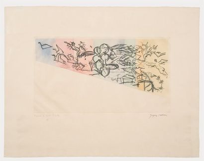 JACQUES VILLON Gravure en couleurs, signée et réservée à Henri Pichette, timbre sec...