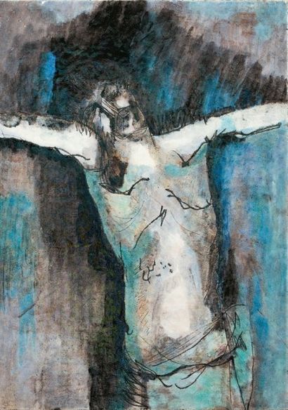 Jean POLLET Jésus meurt sur la croix Émail peint polychrome original sur plaque de...