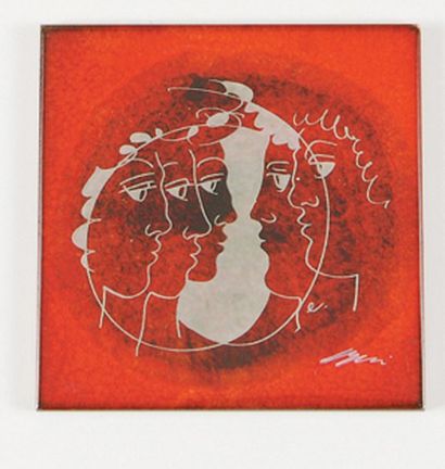 D'après Hans ERNI Cinq profils Carreau de céramique à décor blanc sur fond rouge,...
