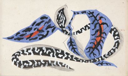 null Serpent et feuilles Gouache (petites rousseurs), monogramme en bas à droite,...