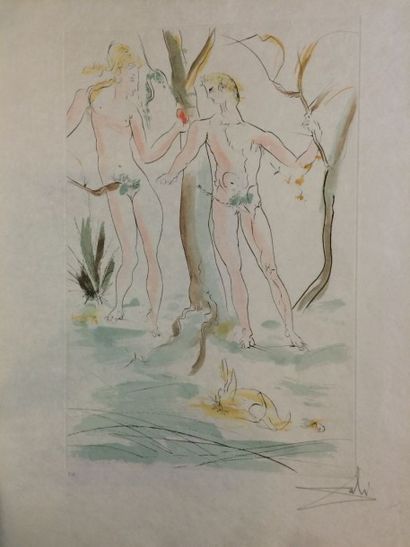 DALI Salvadore (d'après) Adam et Eve Gravure sur papier Japon, signée en bas à droite,...