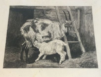 LANÇON Auguste, 1836-1887 Chèvre et chevreau, 1880, eau-forte en noir (lavée, rousseurs),...