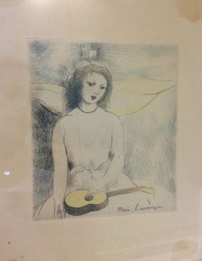 LAURENCIN Marie (d'après) Portrait de femme à la guitare Eau-forte (mouillures),...