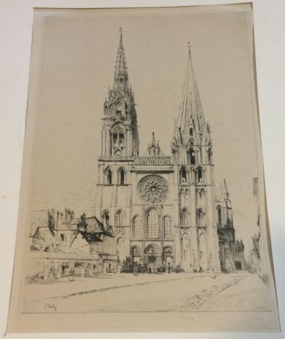 LEHEUTRE Gustave, 1861-1932 La cathédrale de Chartres, eau-forte en noir n°21/65...
