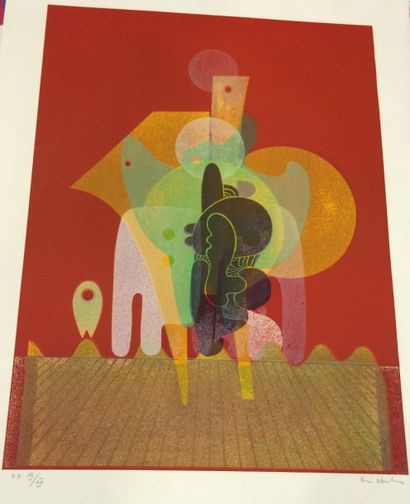 NEUHAUS Ervin (1928-2012) Composition sur fond rouge Lithographie, signée en bas...