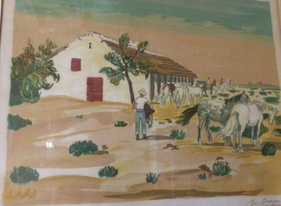 BRAYER Yves (1907-1990) "Palfrenier avec ses chevaux en Camargue" lithographie, signé...