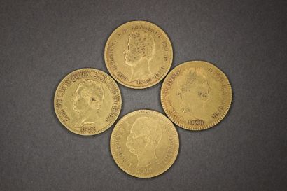 null 4 Pièces en or jaune: 20 lires Albertus 1849, Umberto I 1882, Félix 1828 - Ferdinand...