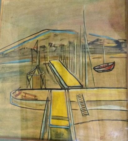 D'ANTY Henri (1910-1998) Port Huile sur papier, signé en bas à droite, 57x51 cm.