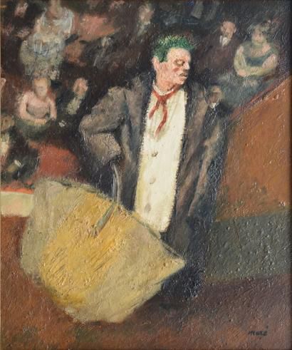 HEUZÉ Edmond, 1884-1967 Clown devant la foule Huile sur carton fort, signé en bas...