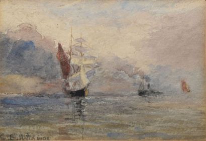 HOLLOWAY Charles Edward, 1838-1897 Voiliers en mer aquarelle, signée en bas à gauche...