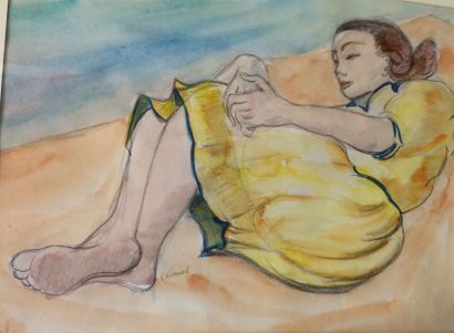 LEONARD Maurice (1899 - 1971) La robe jaune, 1948 Aquarelle et crayon, signé en bas...