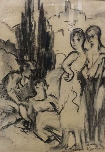 MARCHOU Georges (1898-1984) Personnages dans un paysage Crayon noir, signé en bas...