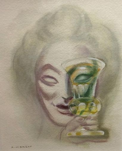 MARGAT André (1903-1997) Femme au verre Pastel, signé en bas à gauche, 21x16.5cm...