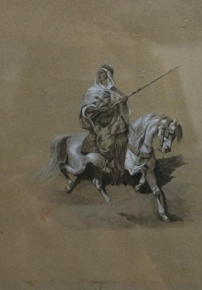 MONCLIN L. (XIX-XXè siècle) Cavalier arabe, 1899 Crayon et gouache, signée en bas...