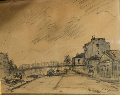 RENAUD André (XXème) Vue de ville, 6 juillet 1934 Crayon, signé en bas à droite,...