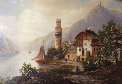 SCHULZ B. (XIXe-XXe siècle) Village en bord de lac Huile sur toile (manques), signée...