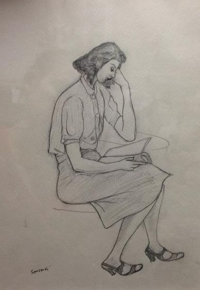 SOUZOUKI Ruytchi (1904-1985) Jeune fille lisant Crayon, signé en bas à gauche, 2...