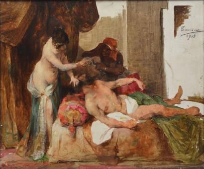 TANOUX Adrien, 1865-1923 Samson et Dalila, 1918, huile sur panneau (petits manques),...