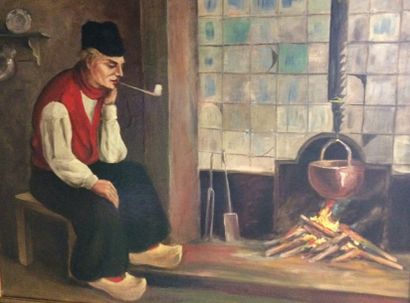 TINHBRIK H. (XIXe-XXe siècle) Fumeur à l'atre Huile sur toile, signée en bas à droite,...