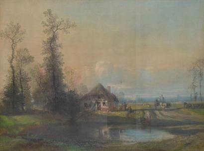 TROYON Constant, 1810-1865 Bord d'étang animé à la ferme, 1845, pastel sur papier...