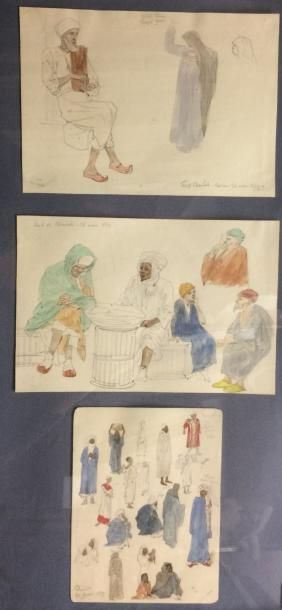 CHARDIN Paul (1833-1918) Sujets orientalistes 3 dessins crayons et aquarelle avec...