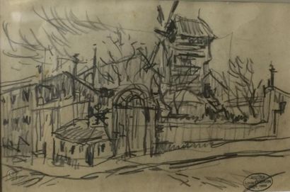 CHERVIN Louis, 1905-1969 Le Moulin de la Galette, mine de plomb sur papier beige...