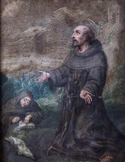 École Flamande du XVIIe siècle Saint François recevant les stigmates Huile sur cuivre...