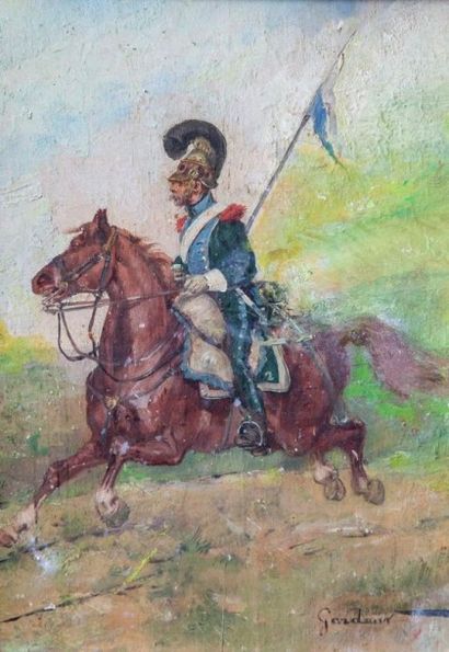 GORDAUX, actif à la fin du XIXème siècle Lancier à cheval Huile sur panneau signé...