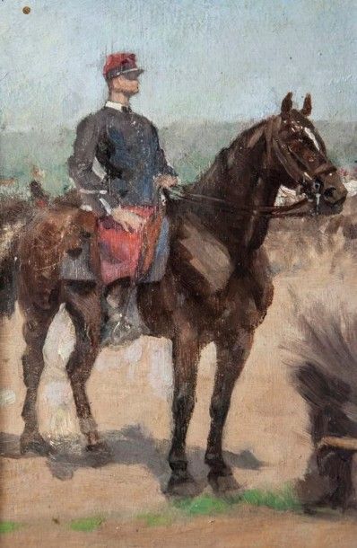 École française, début du XXème siècle Officier à cheval Huile sur panneau 24 x 12,5...