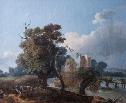 Ecole Française dernier quart du XVIIIe siècle Paysage de campagne à la rivière avec...
