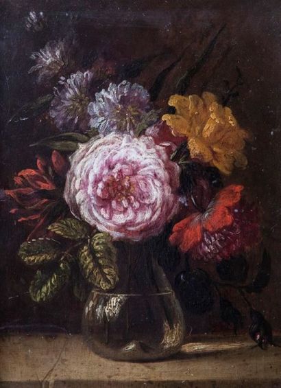 École Française du XIXe siècle Vase de fleurs sur un entablement Huile sur panneau...